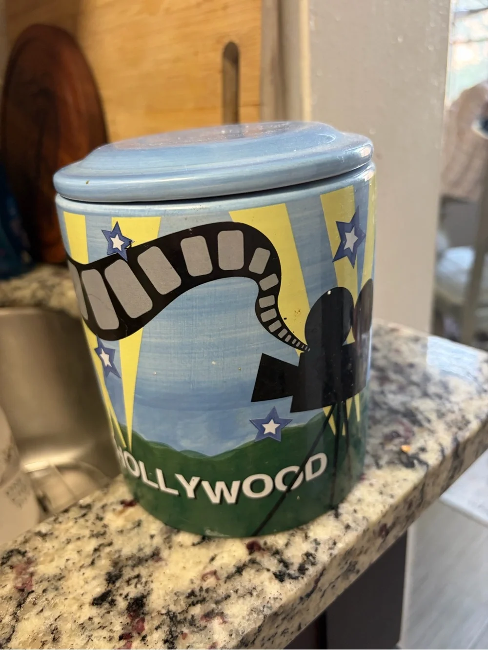 Hollywood Film Camera Decorative Ceramic Jar - Blue & Yellow